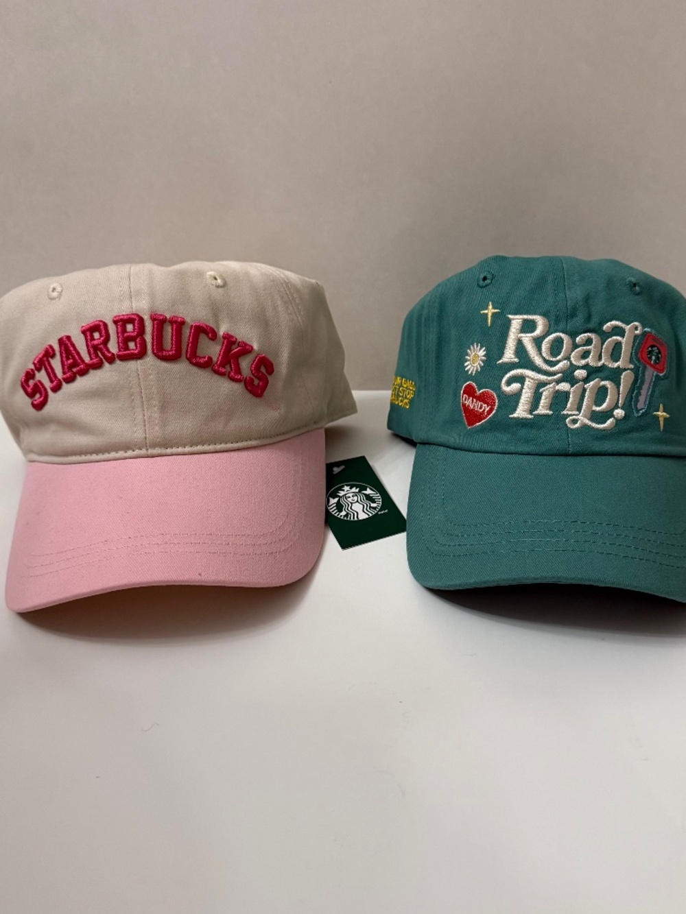Starbucks 2026 Lot of 2 Baseball Hats - Dandy x Starbucks Road Trip, Pink Logo